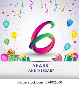 6th Anniversary Celebration Design, with gift box, balloons and confetti, Colorful Vector template elements for your, six years birthday celebration party.