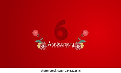 6th Anniversary celebration. Emboss number with Gradient red background and flowers decoration. Modern elegant simple background design vector EPS 10. Can be used for company or wedding.