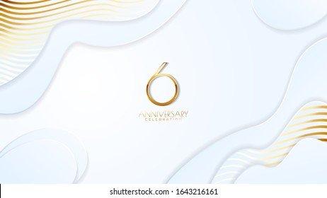 6th anniversary celebration. Golden number with realistic fluid white background. Realistic 3D sign modern elegant can be used for a company or wedding. editable design vector EPS 10.