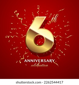 6th Anniversary Celebration. logo design with golden numbers and text for birthday celebration event, invitation, wedding, greeting card, banner, poster, flyer, brochure. Logo Vector Template