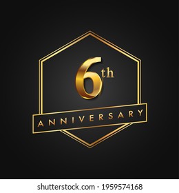 6th Anniversary Celebration. Anniversary logo with hexagon and elegance golden color isolated on black background, vector design for celebration, invitation card, and greeting card