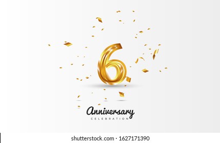 6th Anniversary celebration Vector background by using two colors in the design between gold and white, Golden number 6 with sparkling confetti Realistic gold 3d sign. Birthday or wedding party