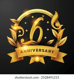 Diseño del sexto aniversario de una cinta de oro y una hoja de oro Decorado alrededor del número '6' sobre un fondo negro. Perfecto para celebrar hitos o promover eventos de aniversario con un lujo.