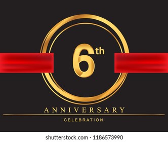 6th anniversary design logotype golden color with ring and red ribbon for anniversary celebration, elegant design.
