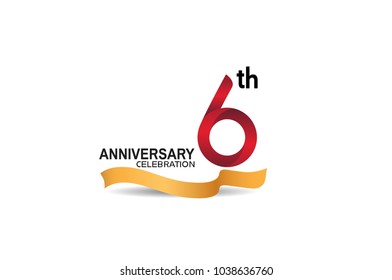 6th anniversary design logotype red color and golden ribbon for celebration isolated on white background