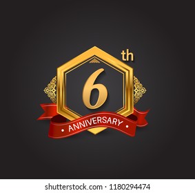 6th anniversary design logotype style with golden hexagon, ornament and red ribbon for use in celebration event.