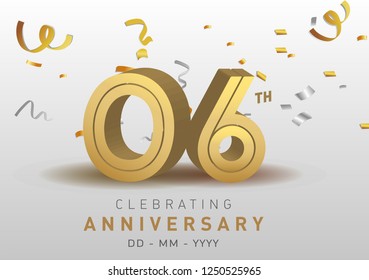 6th Anniversary gold numbers with golden confetti. Celebration 6th anniversary event party template.