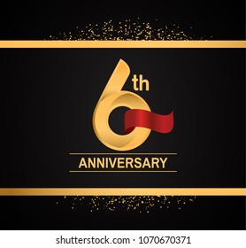 6th anniversary golden design with red ribbon and glitter isolated on black background for celebration