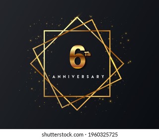 6th anniversary logo with confetti and golden frame isolated on black background, vector design for greeting card and invitation card.