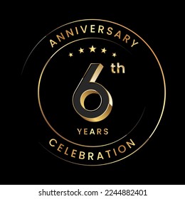 6th Anniversary. Anniversary logo design with gold color ring and text for anniversary celebration events. Logo Vector Template