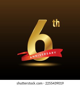 6th anniversary logo design with golden numbers and red ribbon. Logo Vector Template
