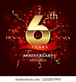 6th Anniversary logo design with golden numbers and red ribbon for anniversary celebration event, invitation, wedding, greeting card, banner, poster, flyer, brochure, book cover. Logo Vector Template