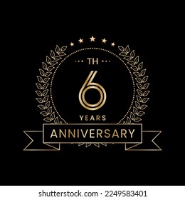 6th Anniversary logo design with laurel wreath for celebration event, invitation, banner, poster, flyer, greeting card. Line Art Design, Logo Vector Illustration