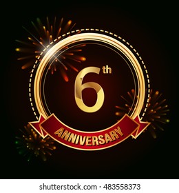 6th anniversary logo golden colored using ring, red ribbon, and fireworks background