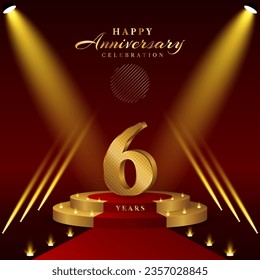 6th anniversary logo with numbers and podium in gold color, logo design for celebration event, invitation, greeting card, banner, poster, and flyer, vector template