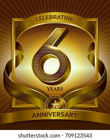 6th anniversary logo. Vector and illustration shiny gold ribbon