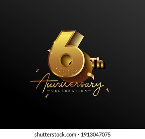 6th Anniversary Logotype with Gold Confetti Isolated on Black Background, Vector Design for Greeting Card and Invitation Card