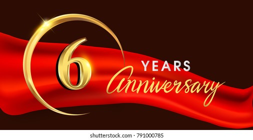 6th anniversary logotype with golden ring isolated on red ribbon elegant background, vector design for birthday celebration, greeting card and invitation card.