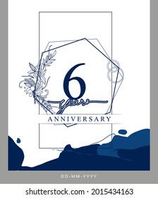 6th Anniversary logotype with hand drawn background blue color for celebration event, wedding, greeting card, and invitation.