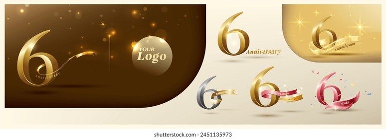 Logotipo del 6to aniversario número de oro moderno con cinta brillante. Logotipo alternativo número de aniversario de oro celebración