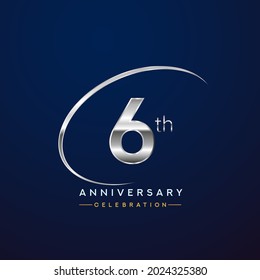 6th anniversary logotype silver color with swoosh or ring, isolated on blue background for anniversary celebration event.