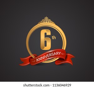 6th anniversary logotype style design luxury  golden color and ornament with warp red ribbon for company celebration event