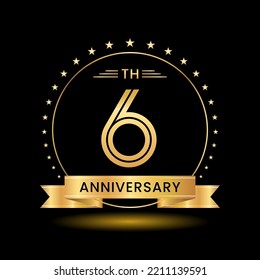 6th Anniversary, Perfect template design for anniversary celebration with gold color for booklet, leaflet, magazine, brochure poster, web, invitation or greeting card. Vector template