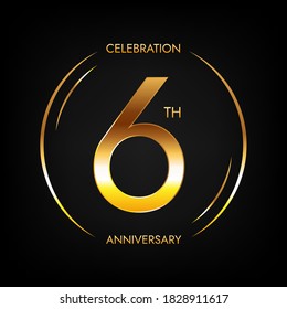 6th anniversary. Six years birthday celebration banner in bright golden color. Circular logo with elegant number design.