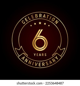 Concepto de diseño de plantillas para el sexto aniversario con cinta dorada para la celebración del aniversario. Plantilla de vectores de logotipos