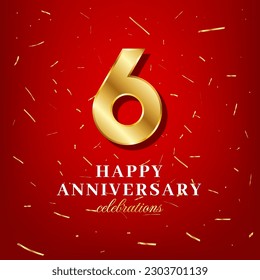 6th anniversary vector template with a golden number and golden confetti spread on a red background