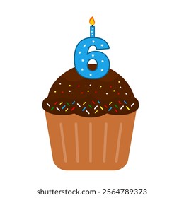 6th Birthday Cake. Chocolate cupcake clip art vector. Cupcake with colourful mess candy isolated on a white background. Anniversary cake. Birthday cake. Valentine cupcake