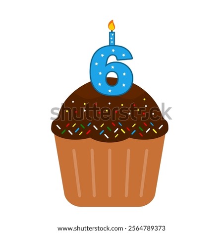 6th Birthday Cake. Chocolate cupcake clip art vector. Cupcake with colourful mess candy isolated on a white background. Anniversary cake. Birthday cake. Valentine cupcake
