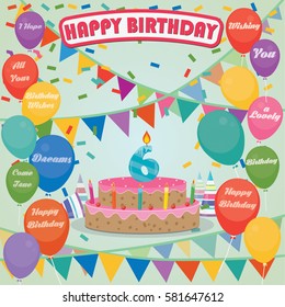 6th Birthday Cake And Decoration Background In Flat Design With Balloons And Candles