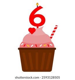 6th birthday cupcake cartoon clip art. Cupcake chocolate cartoon flat style. Isolated white background