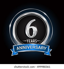 6th birthday logo with silver ring and blue ribbon, Vector design template elements for anniversary celebration, wedding, jubilee, greeting card, invitation, party.