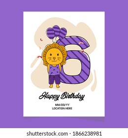 6th Birthday Party Invitation Card With Cartoon Baby Animal Lion Character Design