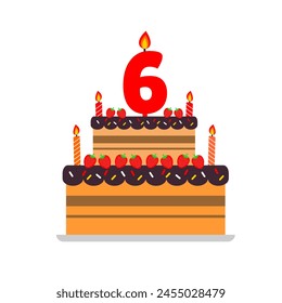 6th cake birthday chcolate with strawberry cartoon style and numeric candle and fire element. happy birthday kids cake tart. editable eps 10. strawberry cake