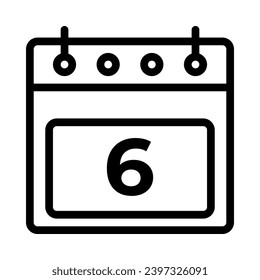 6. Kalendersymbol Vektor. Rahmenkalender-Signatur. Illustration des Stumpfsymboles einzeln. Datum, Uhrzeit, Tag, Monat. Feiertage