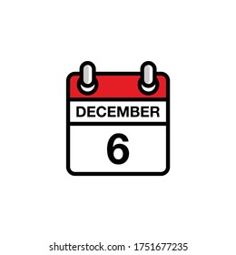 6th of December flat day of the month calendar icon. Date and time schedule concept. Vector illustration design