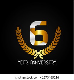 6th gold anniversary celebration logo with golden color and laurel wreath vector design