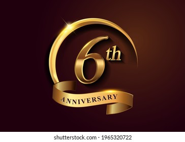 6th golden anniversary logo with gold ring and golden ribbon, vector design for birthday celebration, invitation card.