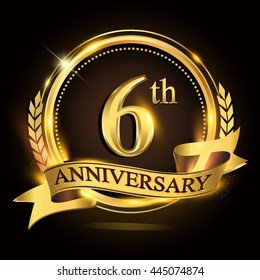 6th golden anniversary logo with ring and ribbon, laurel wreath vector design.