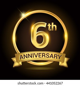 6th golden anniversary logo, with shiny ring and ribbon, laurel wreath isolated on black background, vector design