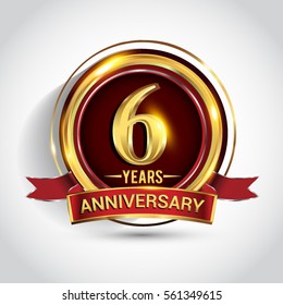 6th golden anniversary logo, six years birthday celebration with ring and red ribbon isolated on white background