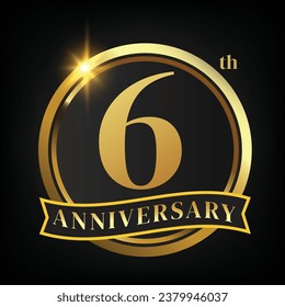 Logo del 6º aniversario dorado, con Laurel Wreath y cinta de oro Vector Ilustración