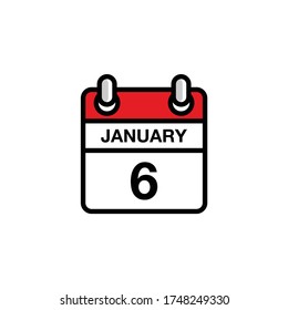6th of January flat icon calendar date, time, day, month schedule. Vector illustration design
