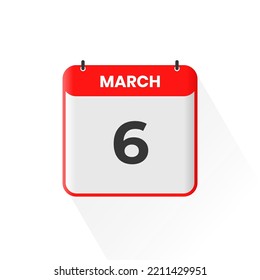 6th March calendar icon. March 6 calendar Date Month icon vector illustrator