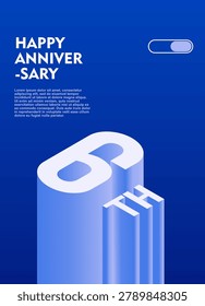 6th Modern anniversary poster template featuring a bold 3d isometric number on a vibrant blue background.
