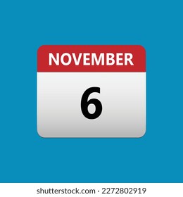 6th November calendar icon. November 6 calendar Date Month icon. Isolated on blue background