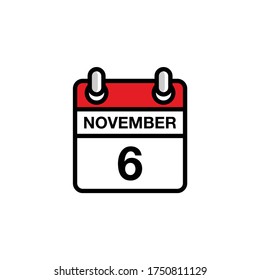 6th of November flat day of the month calendar icon. Date and time schedule concept. Vector illustration design